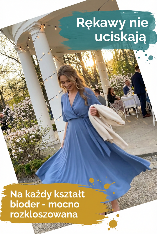 Sukienka na wesele niebieska midi z wiskozy z bufiastymi rękawami id:2034