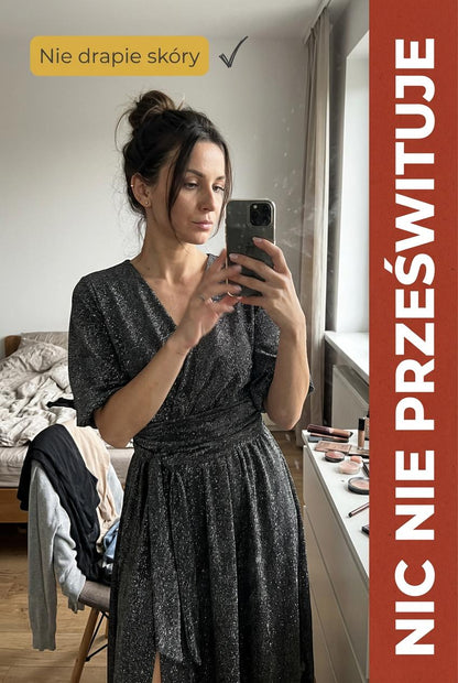 Srebrna sukienka midi z błyszczącą nitką z szerokim pasem id:2273