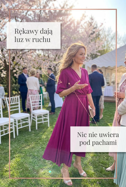 Śliwkowa rozkloszowana sukienka midi z wiskozy bufiastymi rękawami id:641A