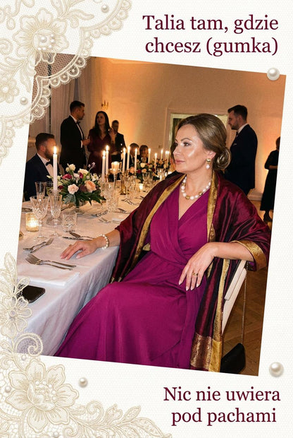 Śliwkowa rozkloszowana sukienka midi z wiskozy bufiastymi rękawami id:641A