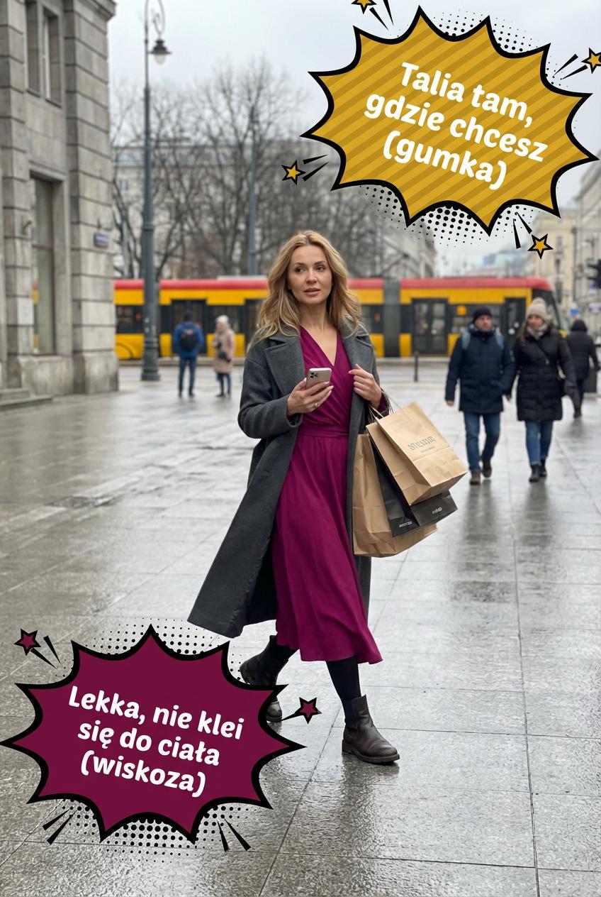 Śliwkowa rozkloszowana sukienka midi z wiskozy bufiastymi rękawami id:641A