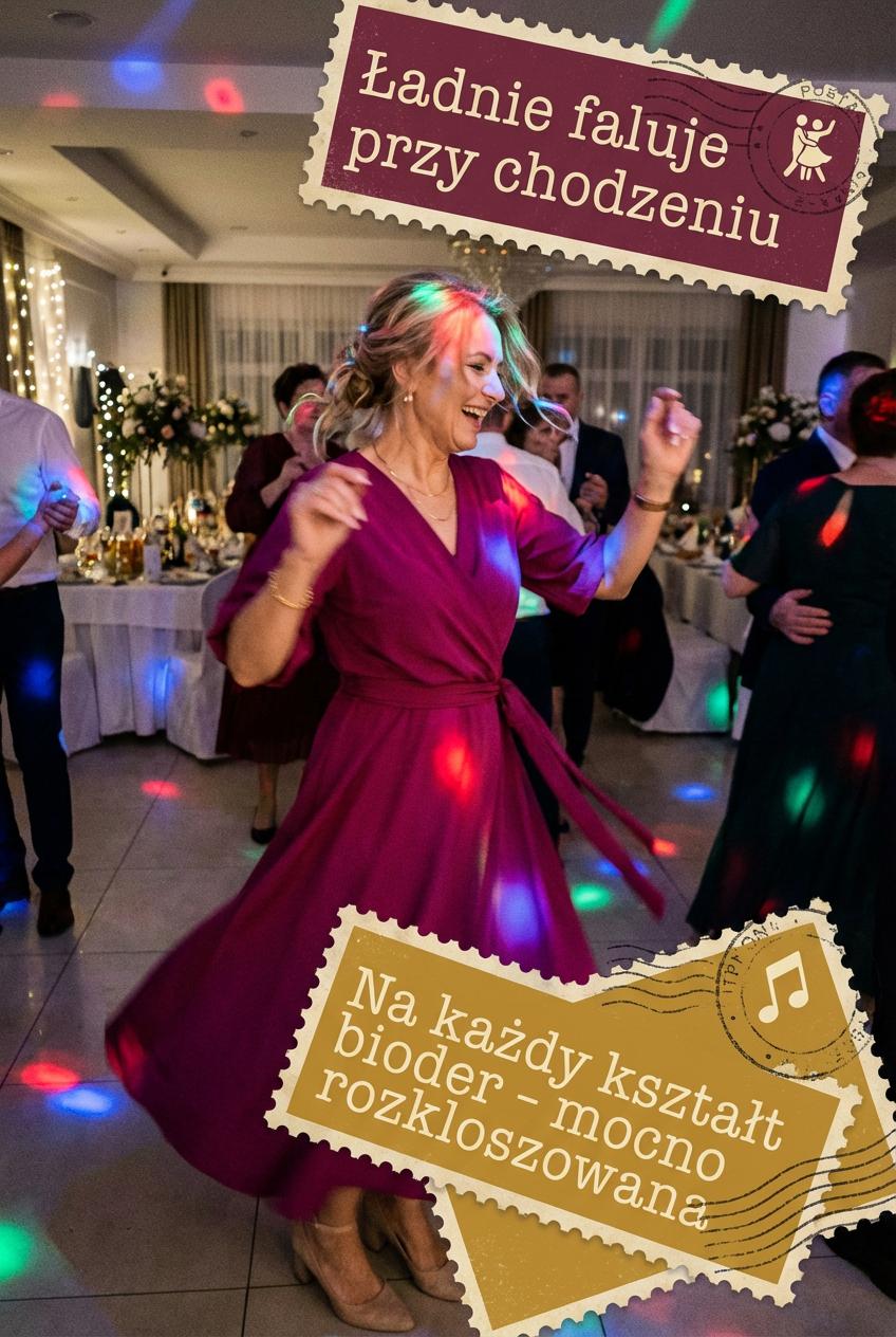 Śliwkowa rozkloszowana sukienka midi z wiskozy bufiastymi rękawami id:641A