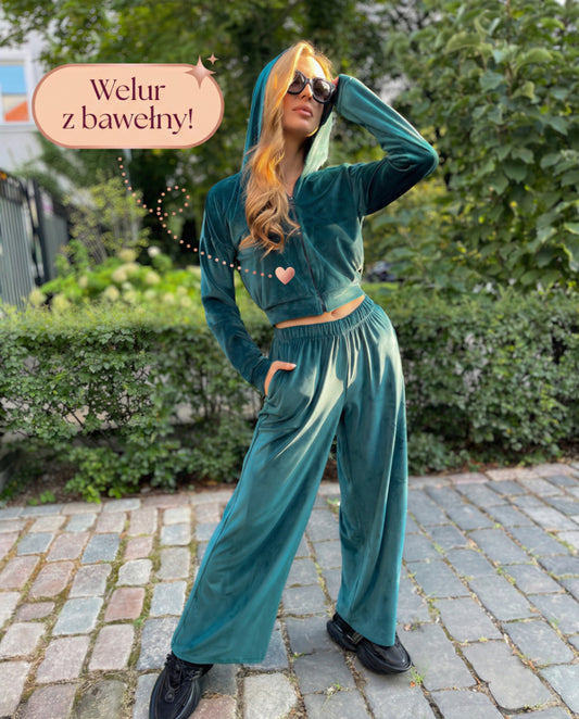 Welurowy bawełniany komplet dresowy z bluzą kangurką id:1560