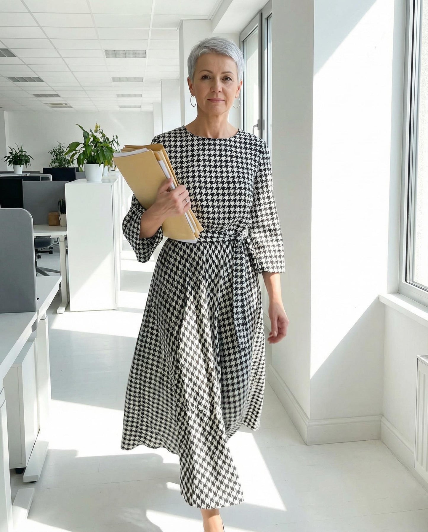 Rozkloszowana sukienka midi z wiskozy w pepitkę z paskiem id:937A