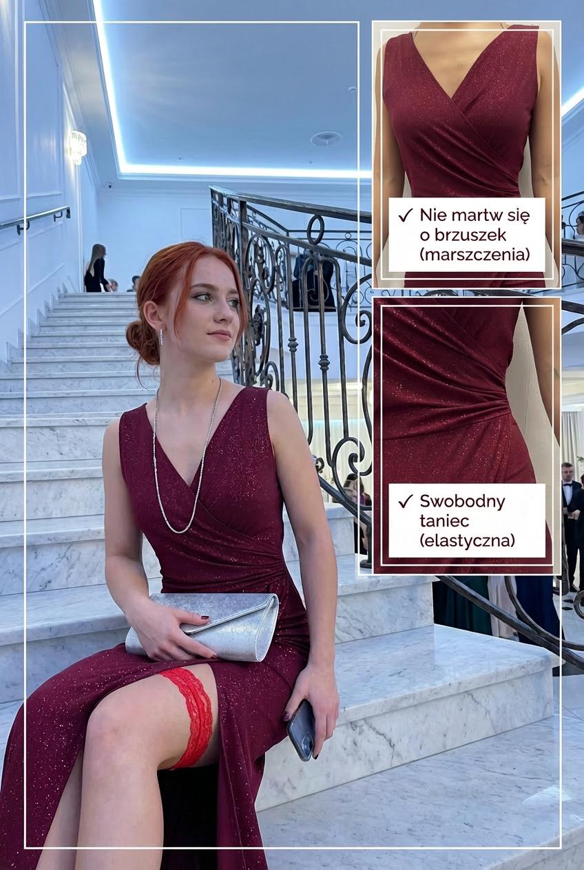 Bordowa brokatowa sukienka maxi wieczorowa na Studniówkę z rozcięciem id:2278