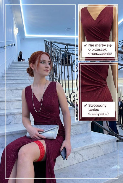 Bordowa brokatowa sukienka maxi wieczorowa na Studniówkę z rozcięciem id:2278