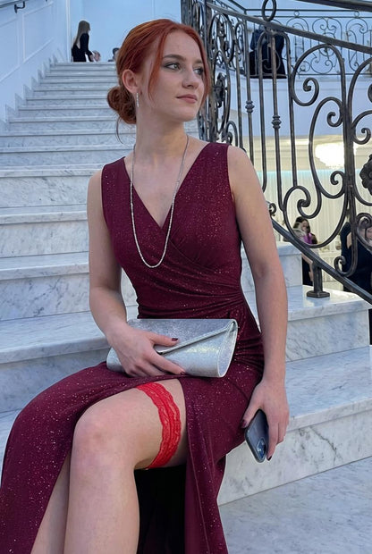 Bordowa brokatowa sukienka maxi wieczorowa na Studniówkę z rozcięciem id:2278