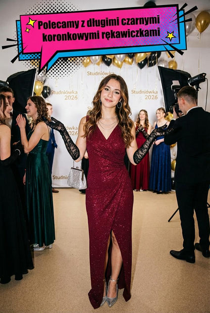 Bordowa brokatowa sukienka maxi wieczorowa na Studniówkę z rozcięciem id:2278