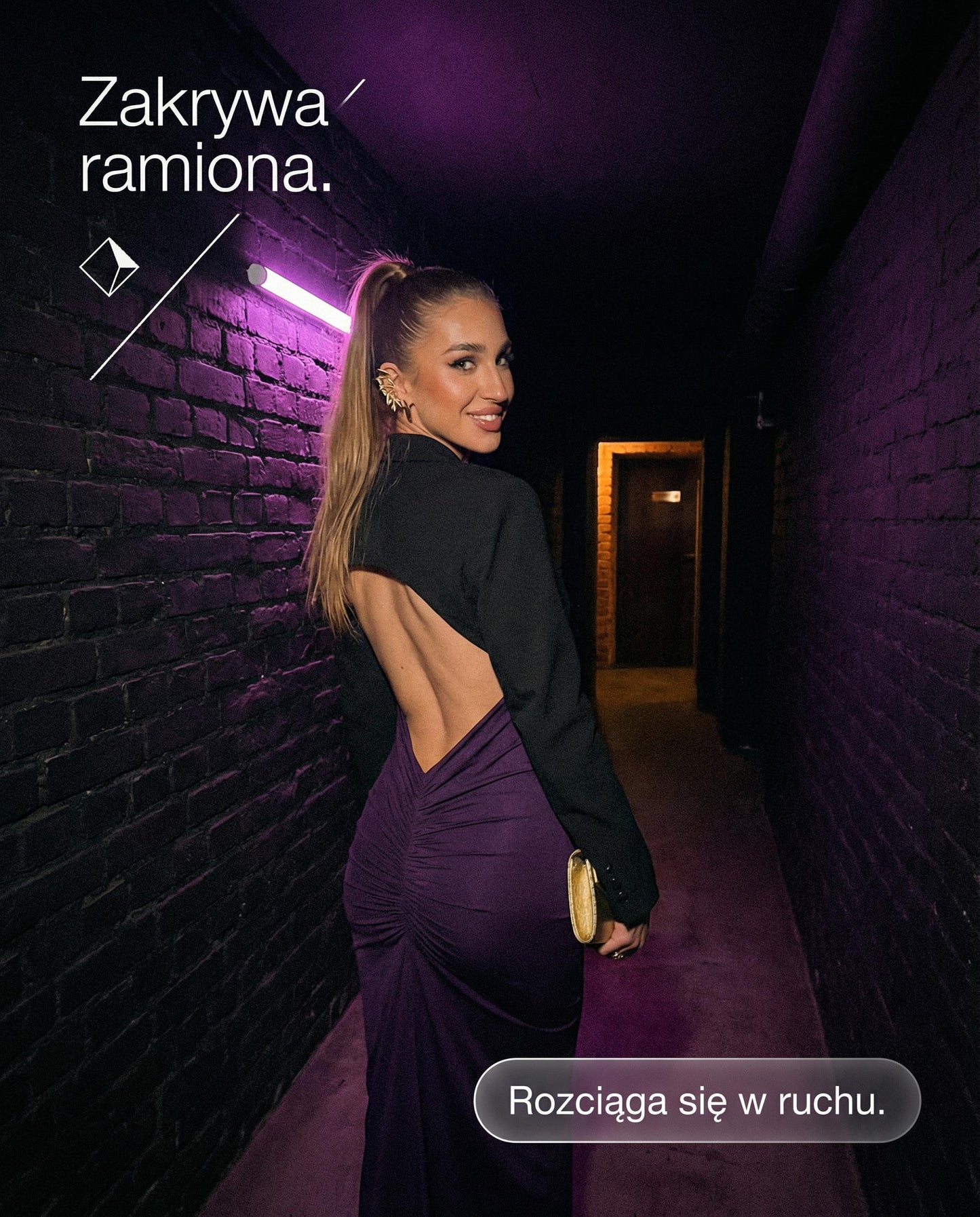 Fioletowa sukienka na studniówkę maxi z odkrytymi plecami i marszczeniem id:947