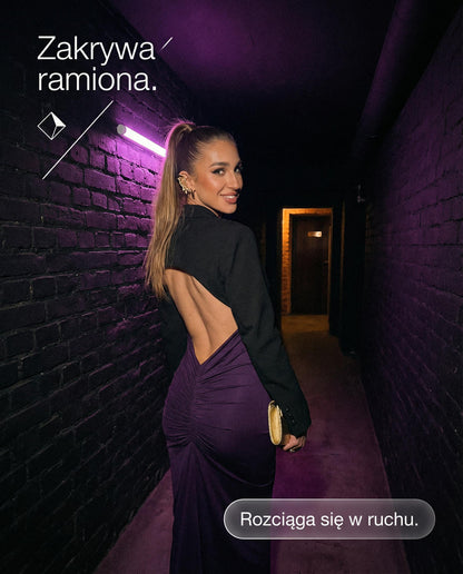 Fioletowa sukienka na studniówkę maxi z odkrytymi plecami i marszczeniem id:947