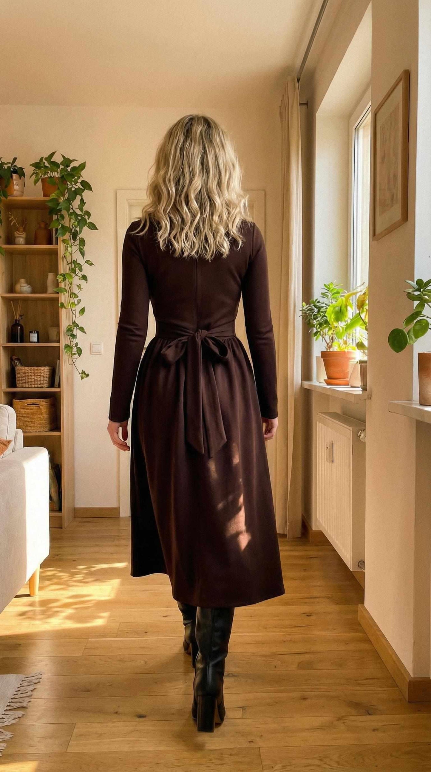 Brązowa sukienka midi z długim rękawem i wiązaniem id:2298