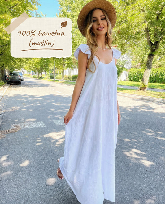 Biała bawełniana muślinowa plażowa sukienka maxi id:1305