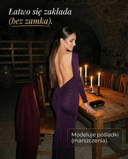 Fioletowa sukienka na studniówkę maxi z odkrytymi plecami i marszczeniem id:947