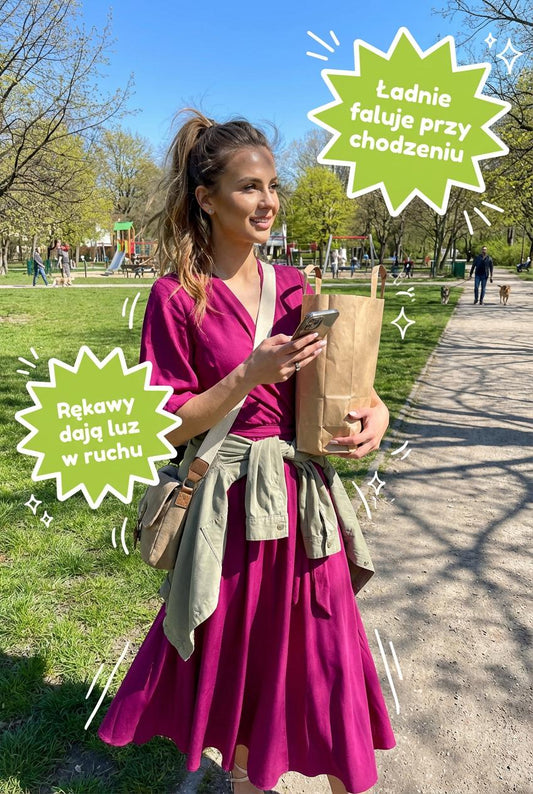 Śliwkowa sukienka maxi z wiskozy bufiastymi rękawami id:641