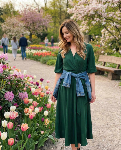 Butelkowo zielona sukienka rozkloszowana midi z wiskozy z bufiastymi rękawami id:938A