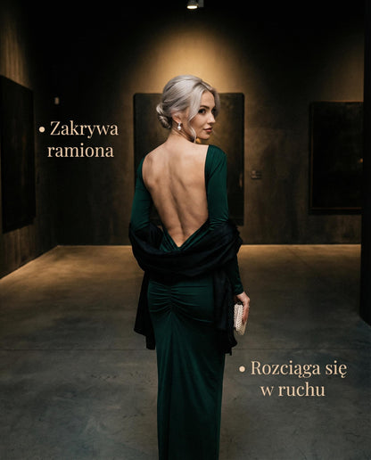 Butelkowo zielona sukienka wieczorowa z głęboko wyciętymi plecami i marszczeniem id:931