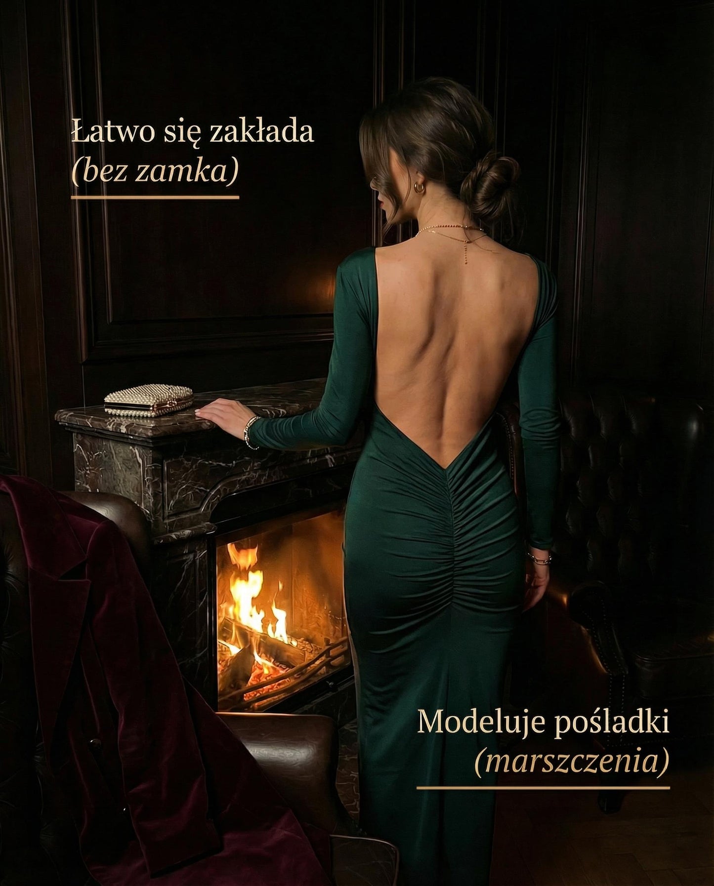 Butelkowo zielona sukienka wieczorowa z głęboko wyciętymi plecami i marszczeniem id:931