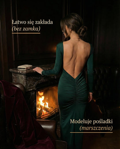 Butelkowo zielona sukienka wieczorowa z głęboko wyciętymi plecami i marszczeniem id:931