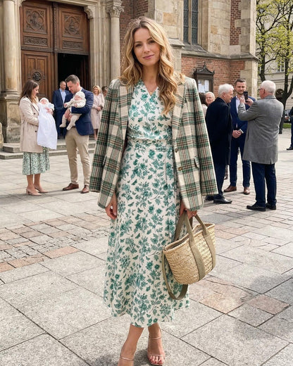 Wiązana satynowa sukienka w zielone kwiaty id:2173