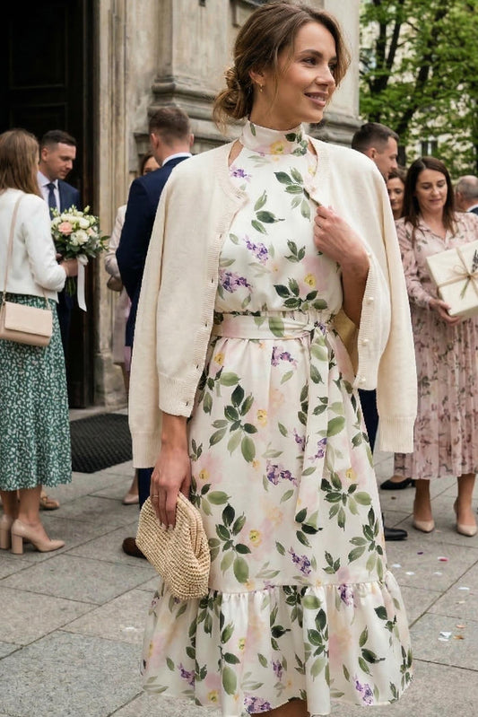 Satynowa okolicznościowa sukienka kremowa w duże kwiaty z czokerem wiązana na plecach id:2161