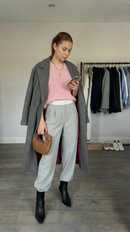 Klasyczny długi grafitowy płaszcz flauszowy z bordową satynową podszewką i paskiem id:2274