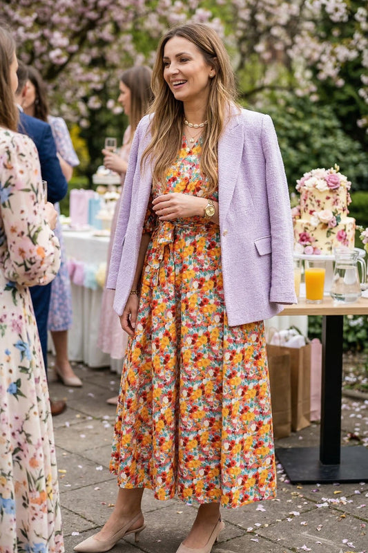 Satynowa sukienka na wesele midi w kwiaty z bufiastymi rękawami id:2503