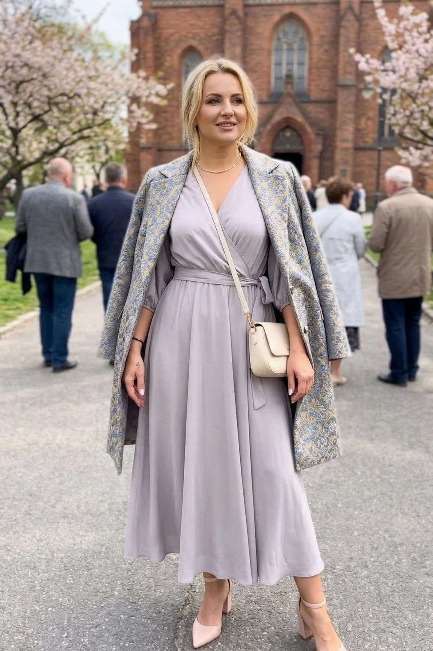 Szara okolicznościowa sukienka midi z wiskozy z bufiastymi rękawami w id:2502