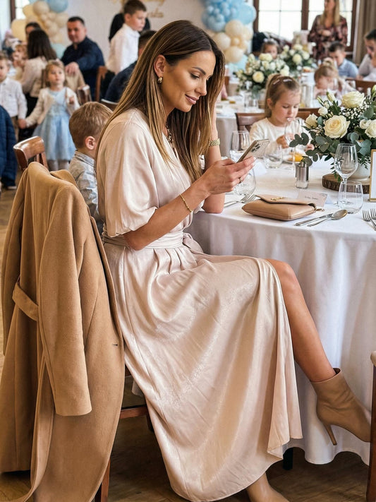 Elegancka rozkloszowana sukienka beżowa z brokatem i rozporkiem na nogę id:2178