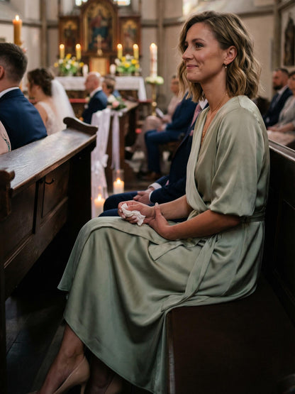 Pistacjowa satynowa  sukienka na wesele marszczona z bufiastymi rękawami rozkloszowana  id:2206