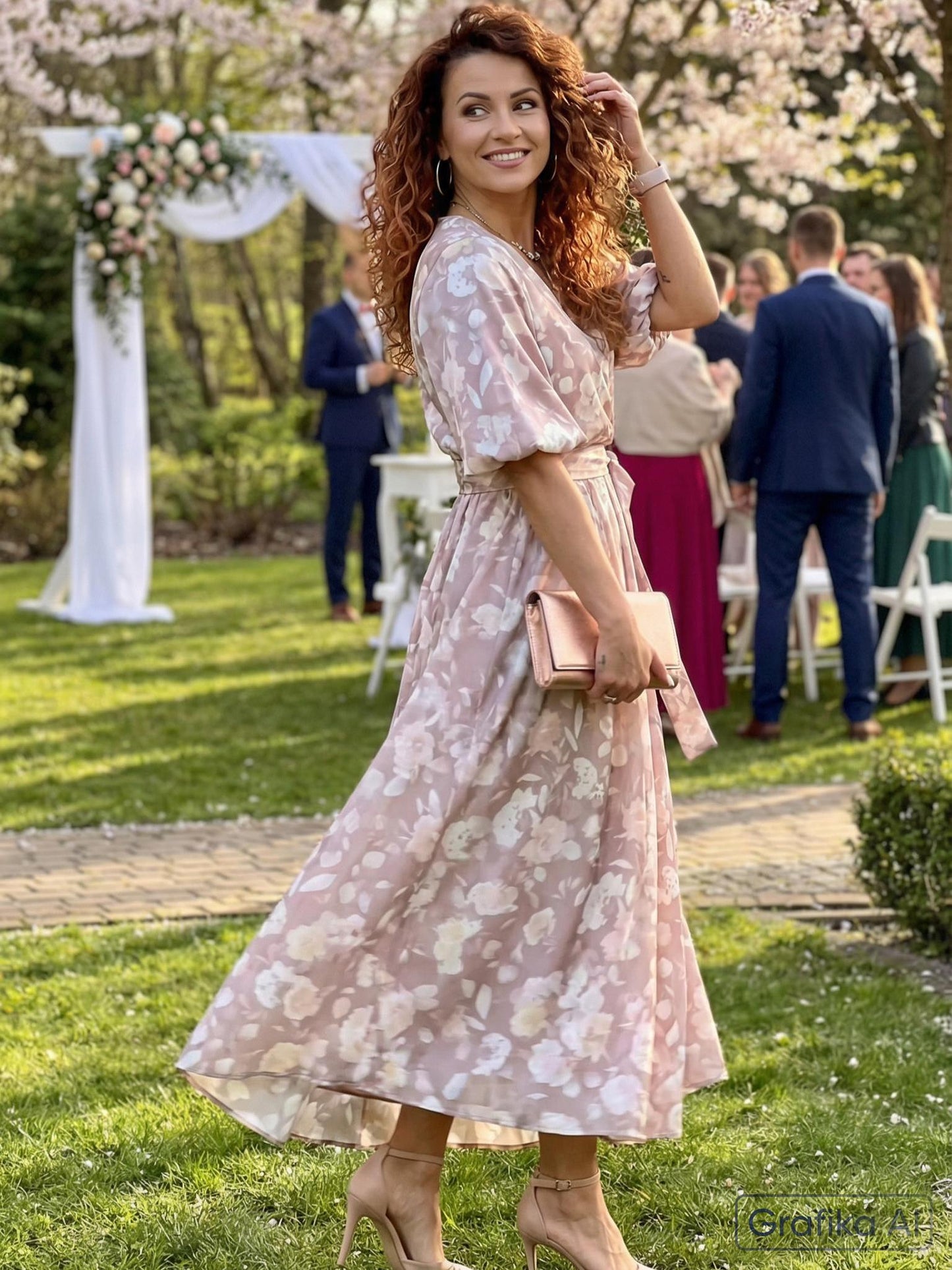 Satynowa sukienka na wesele mokka w delikatne kwiaty rozkloszowana midi id:2154