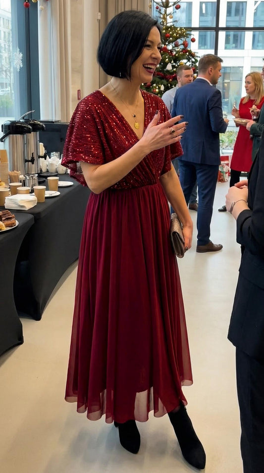 Bordowa długa sukienka wieczorowa z cekinową górą i rozkloszowaną spódnicą z siatki id:2258