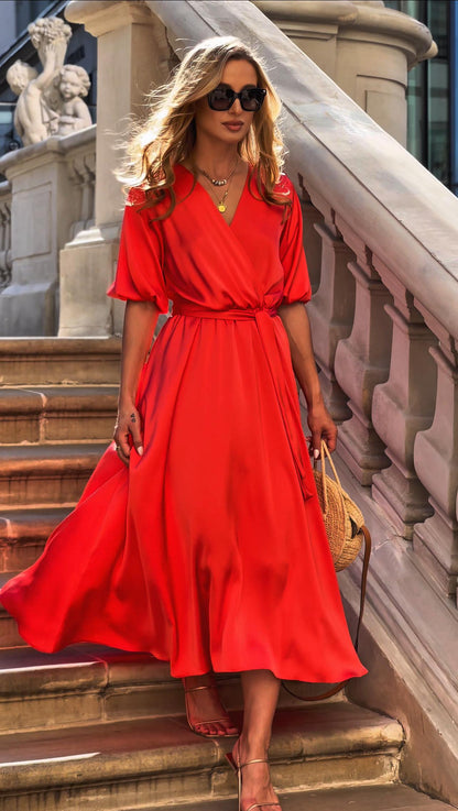 Satynowa sukienka na wesele pomarańczowo koralowa rozkloszowana midi id:2157