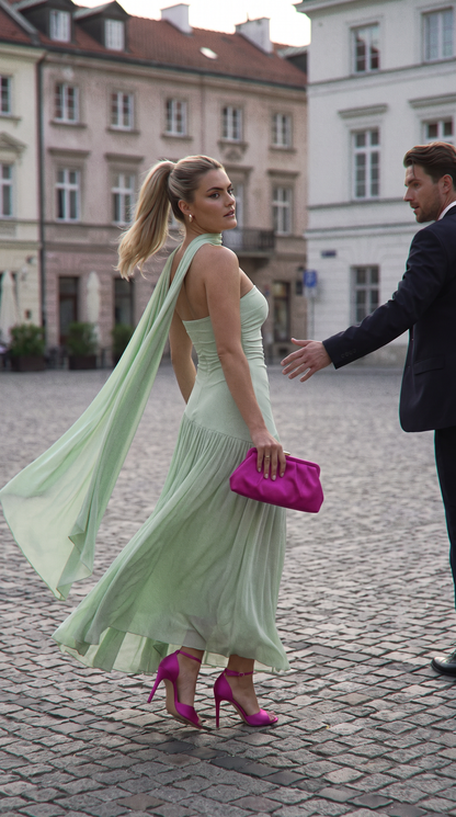 Miętowa okolicznościowa sukienka maxi z wiskozy, szyfonowym trenem i apaszką id:2525