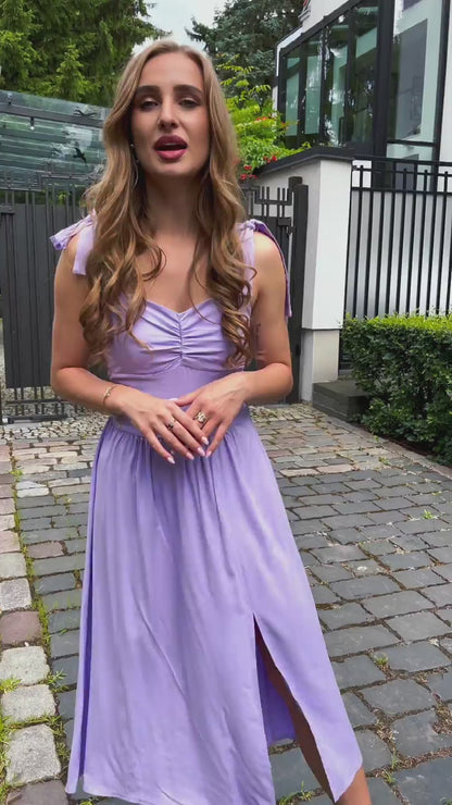 Liliowa sukienka midi z wiskozy z wiązanymi ramiączkami  id:394