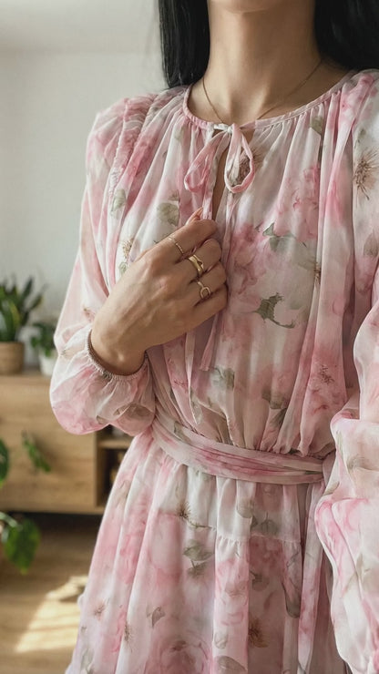 Kwiecista Szyfonowa Sukienka Mini z Wiązaniem i poduszkami id:2343