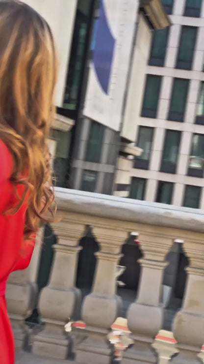 Satynowa sukienka na wesele pomarańczowo koralowa rozkloszowana midi id:2157