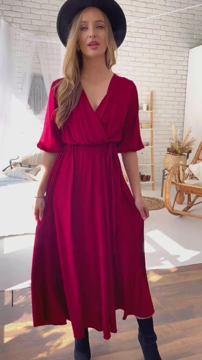 Bordowa sukienka maxi z wiskozy bufiastymi rękawami id:43