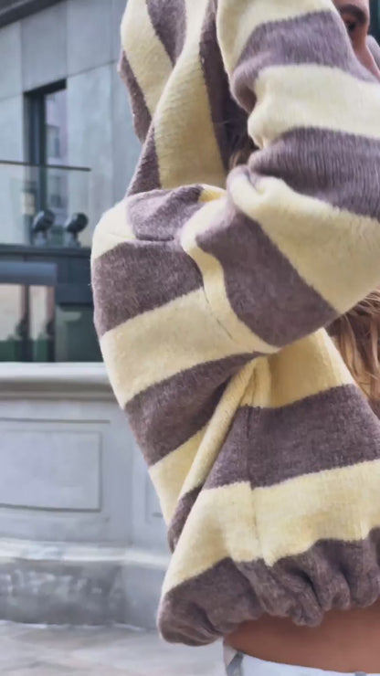 Sweter w paski żółto-brązowe z kapturem id:2209