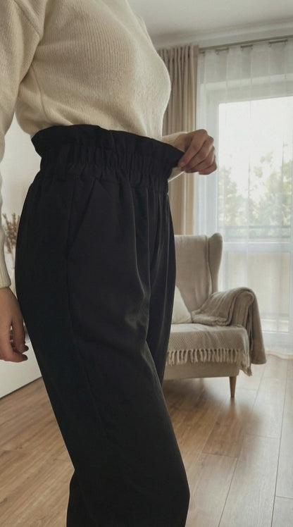 Eleganckie czarne spodnie paperbag z wysokim stanem i wiązaniem w pasie id:2319