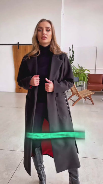 Klasyczny długi czarny płaszcz flauszowy z czerwoną podszewką i paskiem id:2221