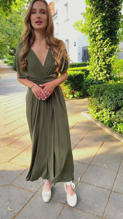 Oliwkowa sukienka dla druhen długa multiway z wiskozy wiązana na kilka sposobów  id:290