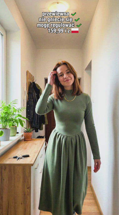 Oliwkowa sukienka midi z długim rękawem i wiązaniem id:2301