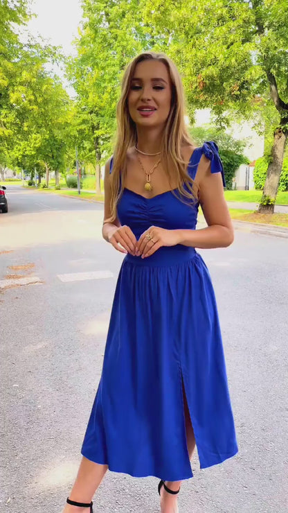 Chabrowa sukienka na wesele dla druhen midi z wiskozy ze ściągaczem i kokardkami id:226