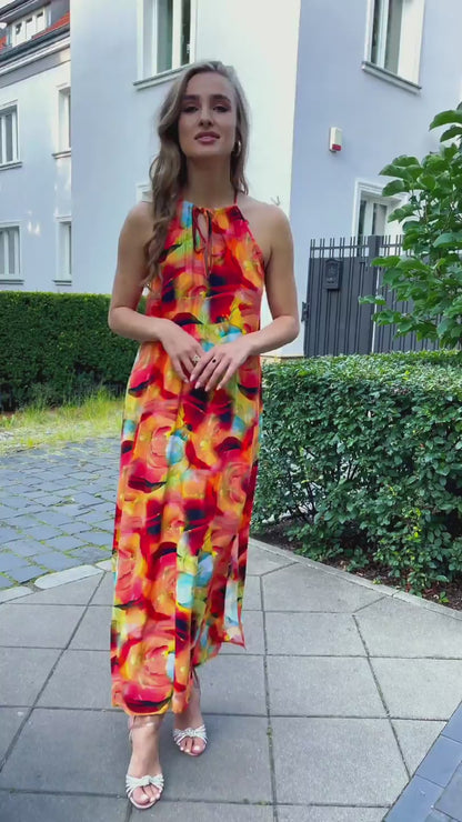 Pomarańczowa sukienka maxi z kolorowym wzorem id:614