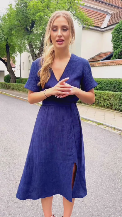 Granatowa bawełniana muślinowa sukienka midi id:39