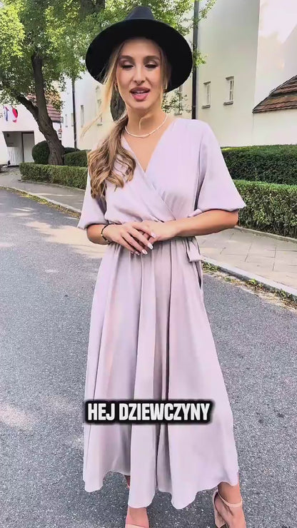 Szara okolicznościowa sukienka midi z wiskozy z bufiastymi rękawami w id:2502