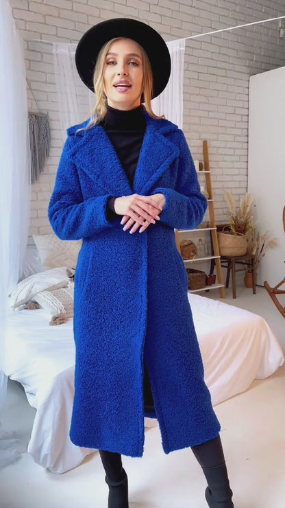 Kobaltowy Długi płaszcz oversize boucle z podszewką id:2580