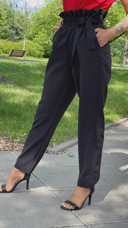 Eleganckie czarne spodnie paperbag z wysokim stanem i wiązaniem w pasie id:2319