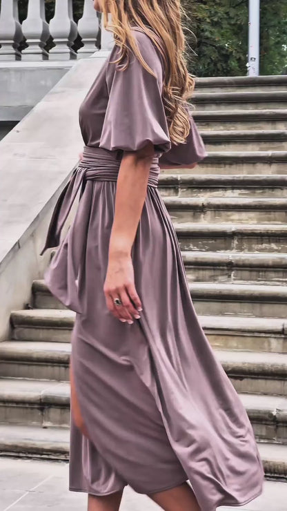 Okolicznościowa sukienka na wesele w kolorze taupe rozkloszowana midi z szerokim pasem i bufkami id:2197