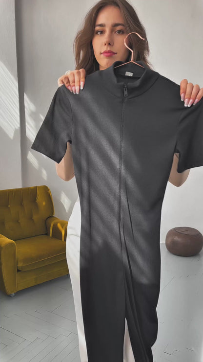 Elegancki  czarny kombinezon z wiskozy na zamek id:2388